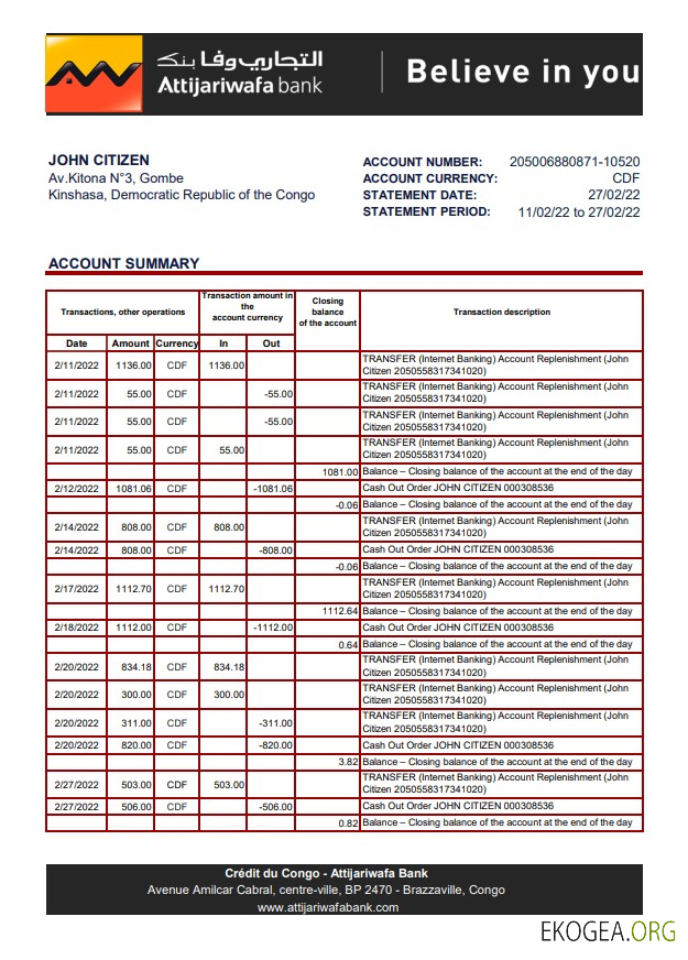 Relevé bancaire Congo Crédit du Congo xls